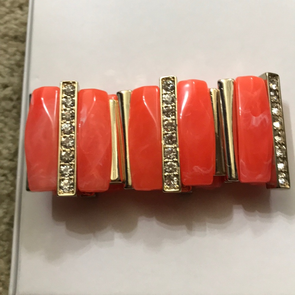 Gold, Rhinestones and Coral Like Fashion Bracelet